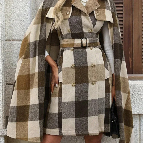 Multicolor Casual Women's Elegant Plaid Wool Shawl Collar Coat - Picture 2 of 7